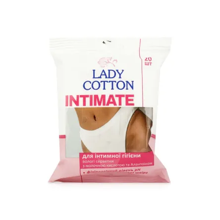 Lady Cotton вологі серветки д/інтимної гігієни з молочною кислотою та алантоїном 20 шт.